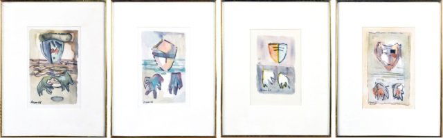 Four Works by Peter Williams (Irish, 1919-1994): El Cid In Water no. 1, 2, 3, and 4. All gouache on paper on card, 1965. All signed in gouache (l.l.), and dated (l.l.). Sight size all 8 x 5 inches. All framed. Ex-collection: Robert C. Graham, Sr., b