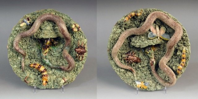 Pair of Portuguese Palissy Plates: JOSÉ ALVES CUNHA (fl. 1860-ca. 1885) Circular plates with snakes, caterpillars and moths. Stamped mark on the bottom. Diameter 10 inches.
