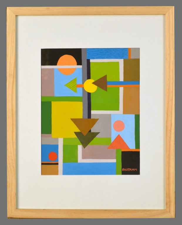 Emil James Bisttram (American, 1895-1976): Geometric abstract. Gouache on paper. Signed (l.r.). Sight size11 1/2 x 8 3/4 inches. Matted and framed.