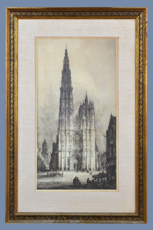 Andrew F. Affleck (British, 1874-1935): Cathedral of Antwerp. Etching, printed in 1917. Signed in pencil (l.r.). Plate size 22 1/4 x 11 3/4 inches. Matted and framed.