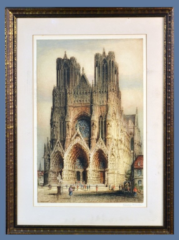James Alphege Brewer (British, fl. 1909-1938): Rheims Cathedral. Drypoint etching and aquatint. Signed in pencil (l.r.), bindstamped and titled (l.l.). Sight size 23 1/2 x 15 1/2 inches. Matted and framed.