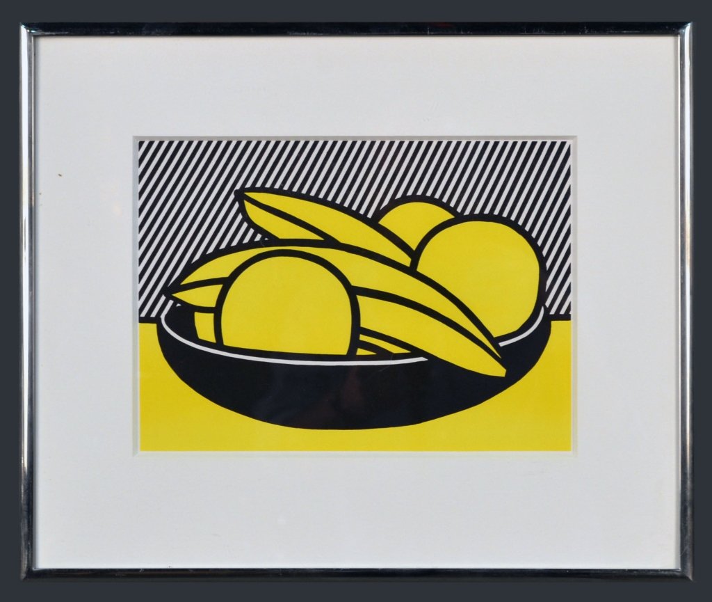 After Roy Lichtenstein (American, 1923-1997): Bananas and Grapefruit. Reproduction. Sight size 7 x 9 1/2 inches. Matted and framed.