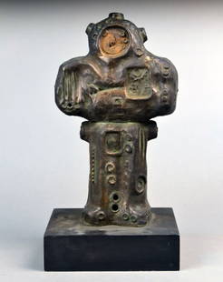 Domenico Calabrone (Brazilian/Italian, 1928-2001): Tiahuanaco Astronaut. Bronze. Height 15 3/4 inches, with base 18 1/2 inches.