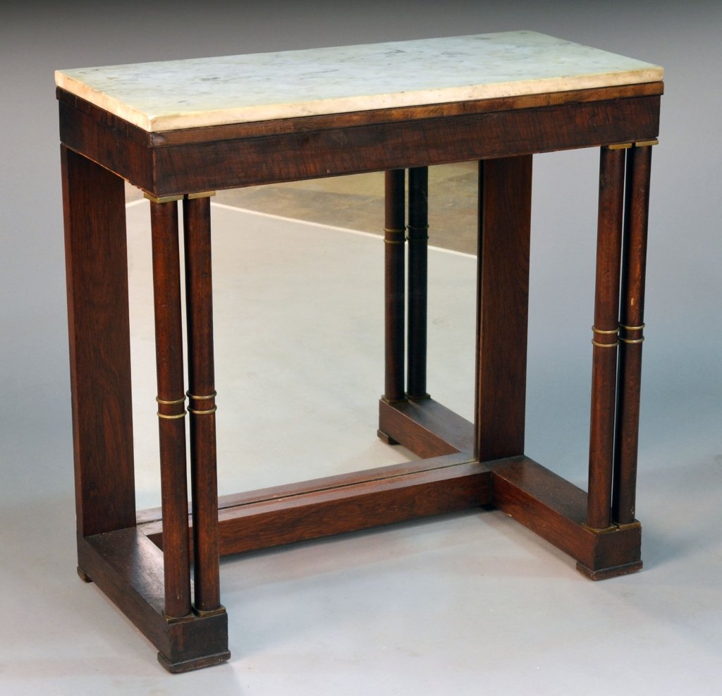 Marble Top Side Table: White rectangular marble top. Mirrored back. Height 30 inches, width 30 1/2 inches, depth 14 1/2 inches.