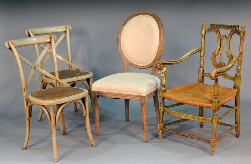 Four Assorted Vintage Chairs: Comprising a pair of Thonet style side chairs with woven seats and bent wood supports; a Louis XV style side chair with oval back and turned fluted legs and a lyre back rush seat armchair. Thonet styl
