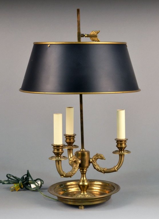 Brass Bouillotte Lamp: Three light lamp with black tole shade. Height 23 inches.