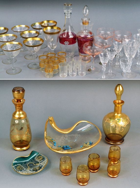 Miscellaneous Group of Glassware and Barware: Including gilt rimmed glasses, decanters, etc. Various sizes. Provenance: Estate of Leo Barrile, Leo's Antiques in Bensonhurst NY