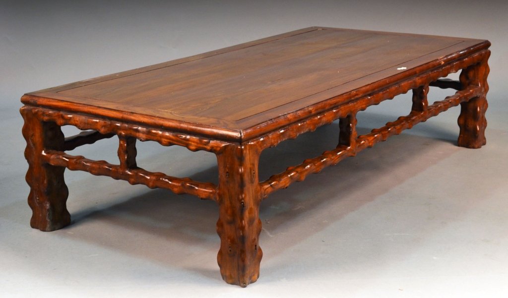 Large Asian Saki Table: Rectangular top, molded block legs. Height 17 inches, width 66 inches, depth 33 inches.