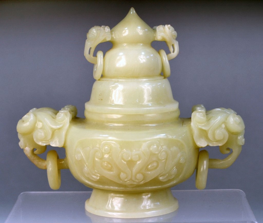Jade Censor: With two pairs of elephant head form handles and carved mask decoration. Height 6 inches.