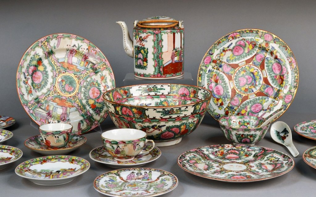 Group of Rose Medallion Table Articles: Including teapot, plate, bowls, cups, etc. Largest plate diameter 10 1/4 inches. Provenance: Estate of Leo Barrile, Leo's Antiques in Bensonhurst NY