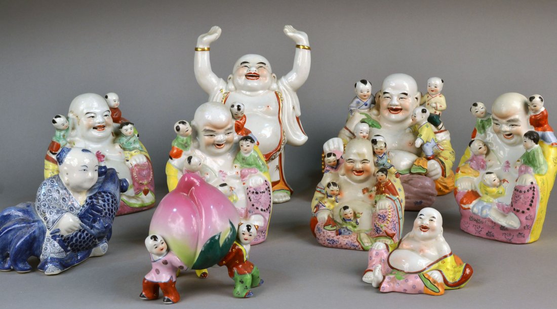 Miscellaneous Group of Asian Porcelain Figures: Miscellaneous Group of Asian Porcelain Figures Mostly figures of Buddha with children. Tallest 12 1/2 inches. Provenance: Estate of Leo Barrile, Leo's Antiques in Bensonhurst NY