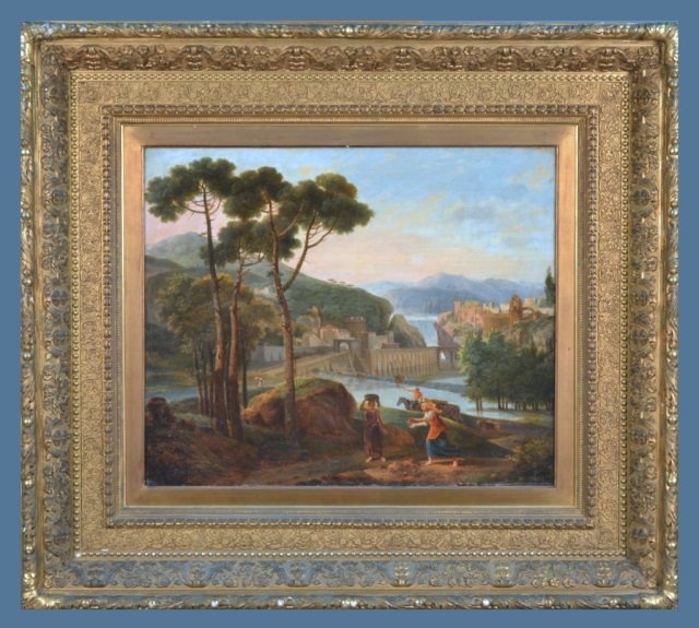 Continental School (18th Century): Landscape with woman. Oil on canvas. Canvas size 24 x 29 inches. Framed.