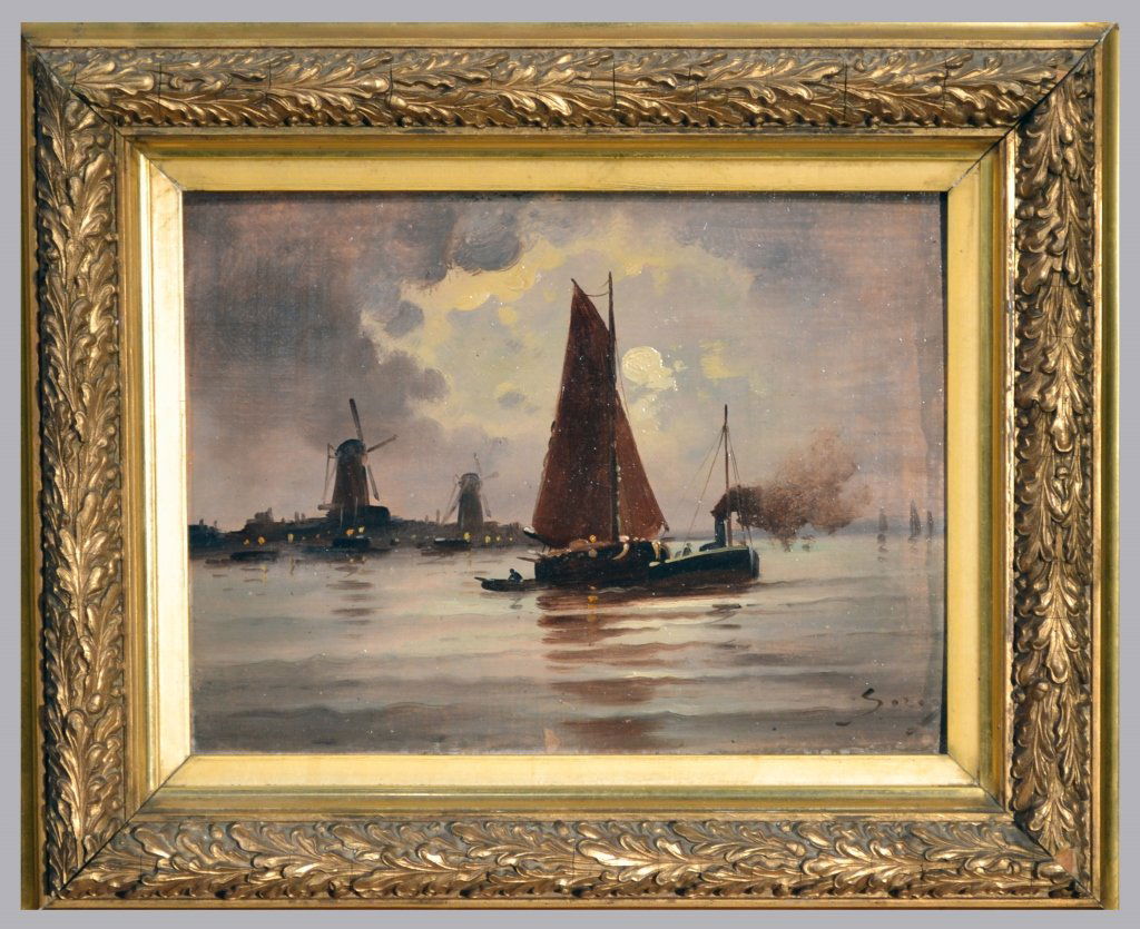 Dutch School (19th/20th Century): Evening River scene. Oil on board. Signed illegibly (l.r.). Board size 9 1/2 x 12 5/8 inches. Framed.