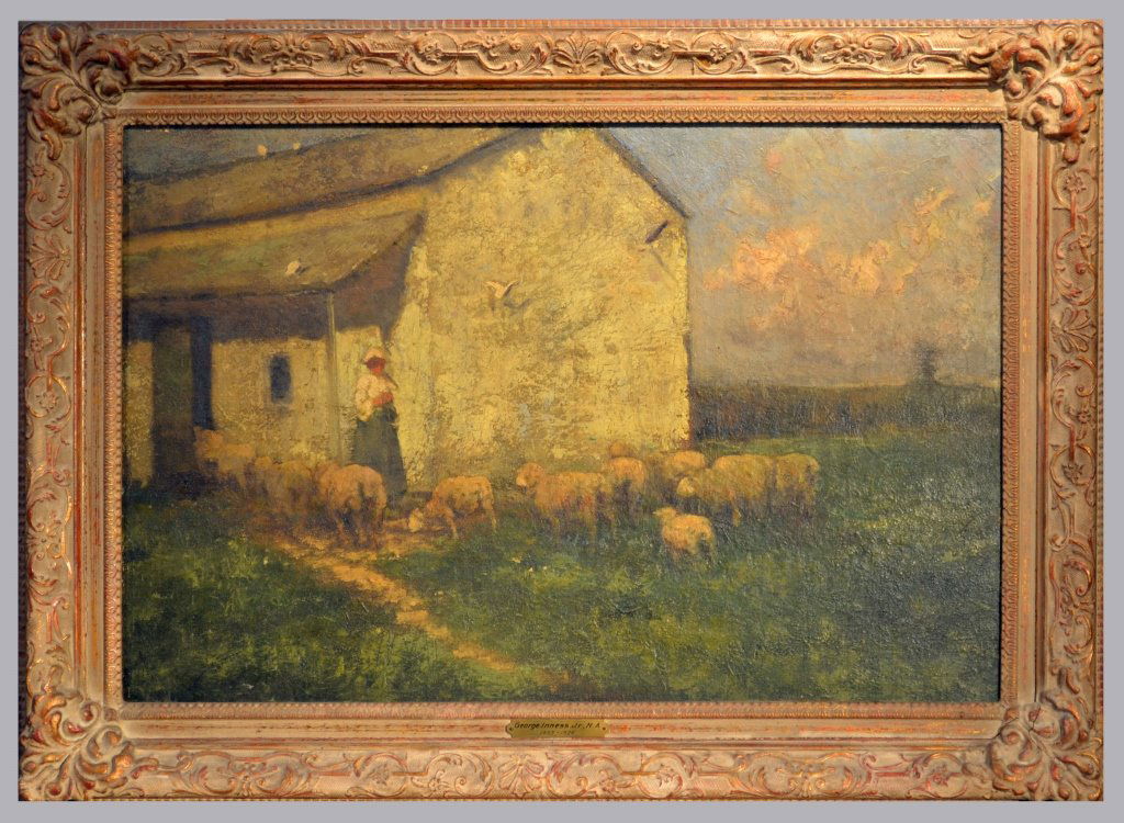 George Inness Jr. (American, 1853-1926): Barn with Sheep. Oil on board. Signed (l.l.). Sight size 19 1/4 x 29 1/2 inches. Framed. Provenance: From a Gramercy Park estate.