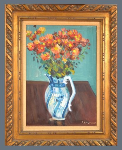 Jacques Koslowsky (Lithuanian/American 1904-1993): Floral still life. Oil on canvas. Signed (l.r.). Canvas size 20 3/8 x 14 1/4 inches. Framed.