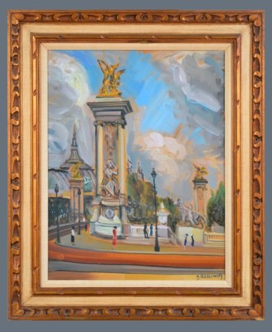 Jacques Koslowsky (Lithuanian/American, 1904-1993): Parisian Scene. Oil on board. Signed (l.r.). Sight size 24 3/4 x 19 inches. Framed.