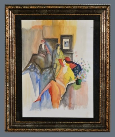 Itzchak Tarkay (Israeli, 1935-2012): Three Seated Women. Watercolor on paper. Signed (l.l.). Sheet size 18 x 13 inches. Mounted and framed.