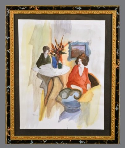 Itzchak Tarkay (Israeli, 1935-2012): Seated Women. Watercolor on paper. Signed (l.l.). Sheet size 17 x 13 1/4 inches. Mounted and framed.