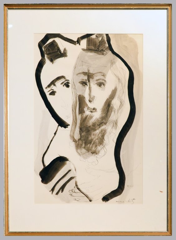 Mané-Katz (French/Ukrainian, 1894-1962): Two faces. Ink and wash on paper. Signed (l.r.). Sight size 21 x 13 1/2 inches. Matted and framed.