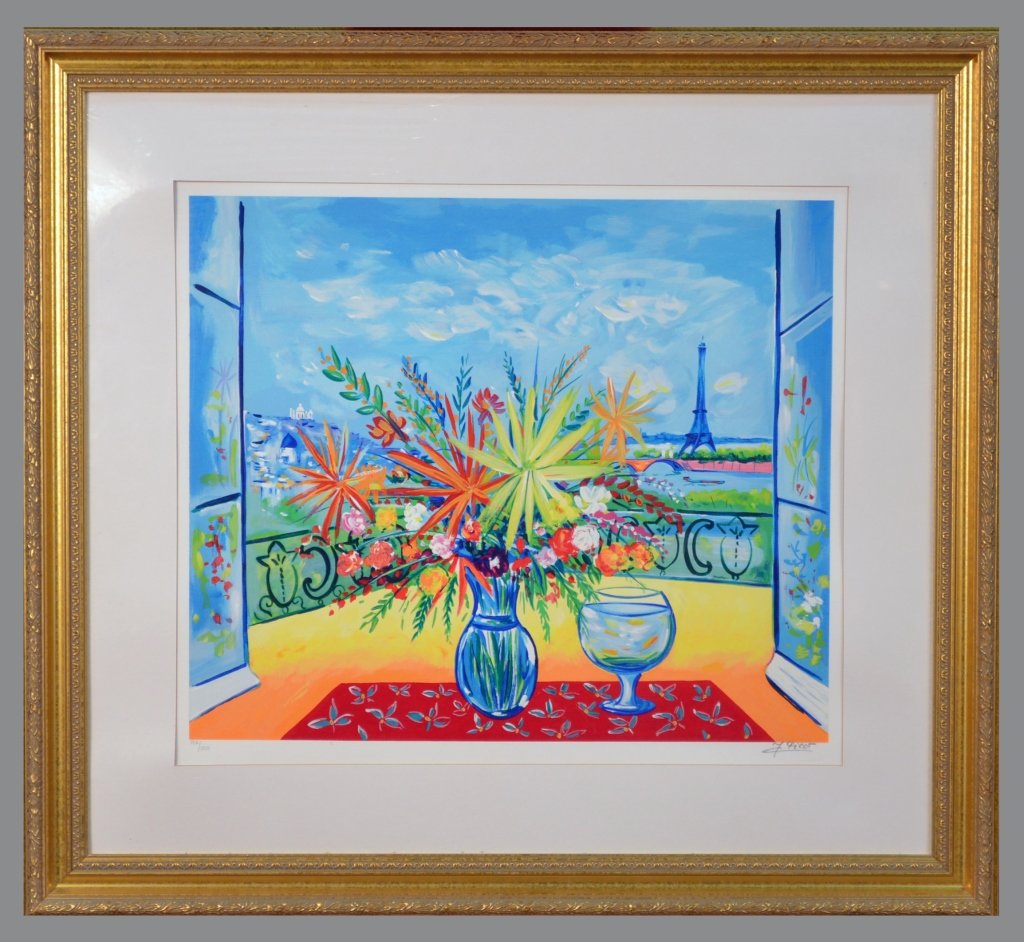Jean Claude Picot (French, b.1933): Les Fleurs de la Tour Eiffel. Serigraph. Signed in pencil (l.r.), numbered 332/350 (l.l.). Image size 21 3/4 x 17 1/2 inches. Matted and framed.