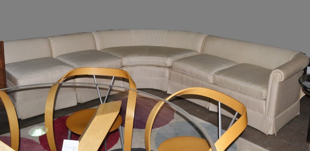 Baker Upholstered Sectional Sofa: Four pieces with striped upholstery, including a small sofa, a curved sofa and two single seats. Small sofa, height 27 inches, width 60 inches, depth 32 inches.