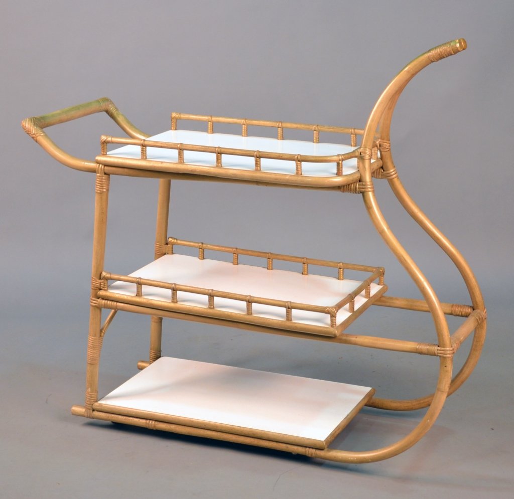 Bent Wood Tea Cart: Three open shelves, with galleries. Height 44 inches, width 48 inches, depth 15 inches.