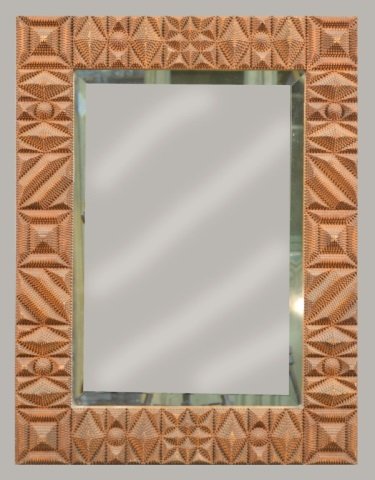 Tramp Art Style Wood Mirror: Rectangular. Height 31 inches, width 24 inches.