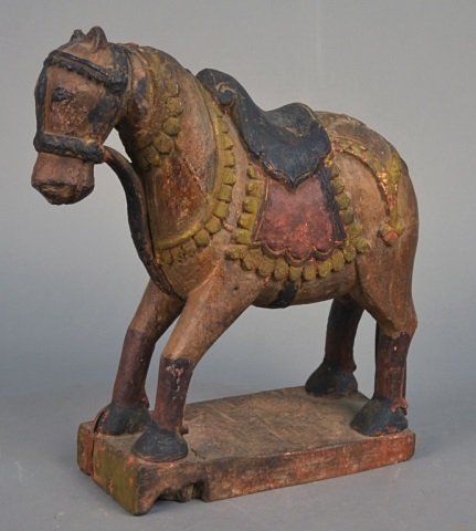Asian Carved Wood Horse: Polychrome painted, modeled standing in full tack. Height 14 1/2 inches.