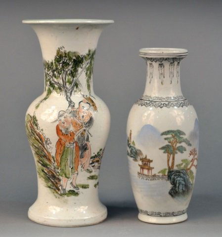Two Chinese Vases: One an ovoid form body with landscape decoration, waisted neck and a flared rim, height 9 1/2 inches; the other an inverted baluster form with figures in landscape and calligraphy decoration, waisted