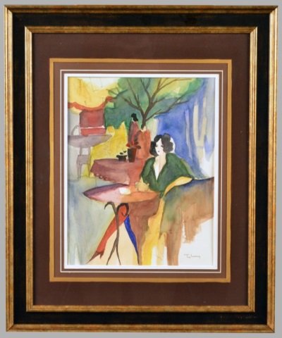 Itzchak Tarkay (Israeli, 1935-2012): Woman at Cafe. Watercolor and ink on paper. Signed (l.r.). Sight size 13 1/2 x 10 1/2 inches. Matted and framed.
