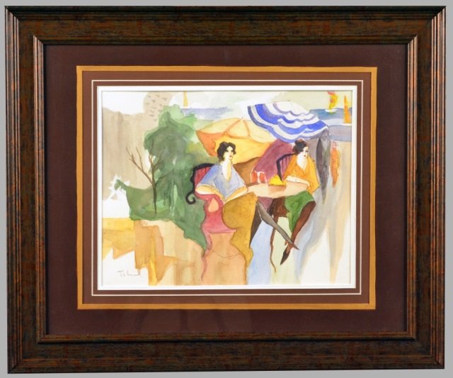 Itzchak Tarkay (Israeli, 1935-2012): Women Lounging in the Sun. Watercolor and ink on paper. Signed (l.l.). Sight size 10 1/2 x 13 1/2 inches. Mounted and framed.