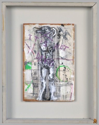 Igael Tumarkin (Israeli, b. 1933): It is not David. Mixed media on paper mounted on board, circa 1960's. Signed (l.l.), dated illegibly (l.r.). Board size 10 xx 6 3/4 inches. Mounted and framed.