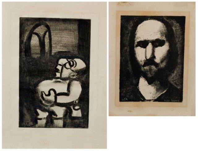 Georges Rouault (French, 1871-1958): (1) Pedagogue (Teacher), from Reincarnations du Pè Ubu. Etching, aquatint and engraving on paper. Initialed and dated 1918 (l.l.). Sheet size 17 x 12 1/2 inches. Unframed. (2) Portrait of André Suar