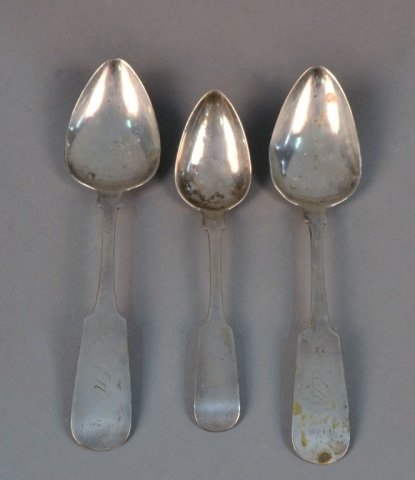 Three American Coin Silver Spoons: 19th century, fiddle pattern, various makers. Total 74 grams.