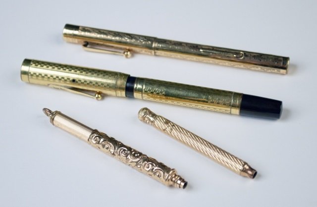 Waterman Gold Filled Fountain Pen: Together with a Redipoint rolled gold fountain pen and two vintage gold filled pencils.