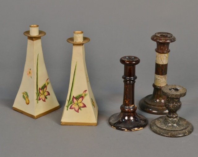 Group of Candlesticks: Comprising a pair of tole sticks and three marble sticks, etc. Tole sticks, height 9 1/4 inches.