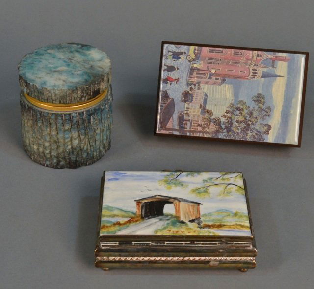 Three Decorative Boxes: Scairrotta hand made silver plated humidor, a decoupage wood box and a carved mineral cylindrical box. Height 4 1/2 inches.