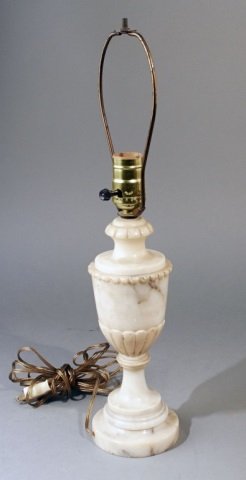 Alabaster Lamp: Neoclassical style, urn shaped single light lamp. Height 10 1/2 inches.
