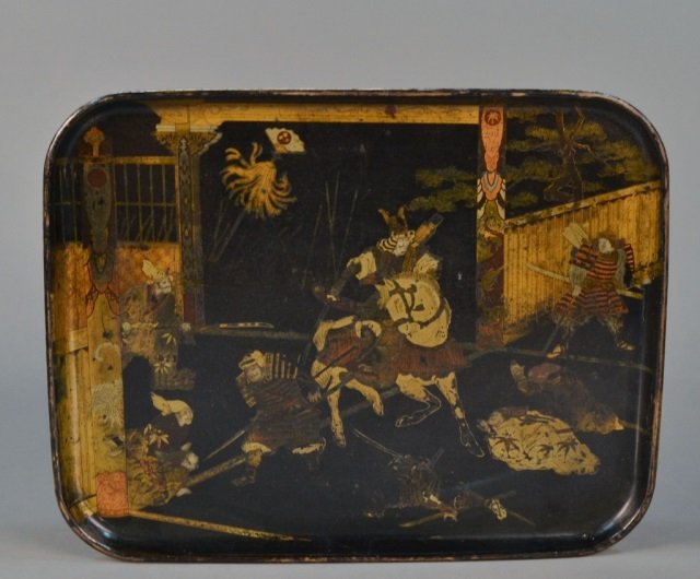 Papier Mache Tray: Rectangular with chinoiserie decoration. 20 x 15 1/2 inches.
