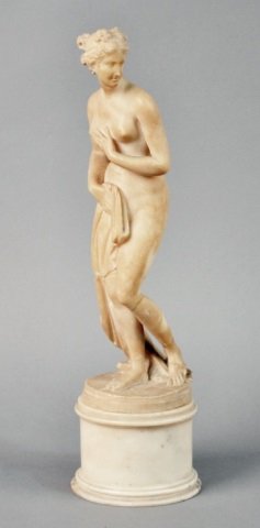Alabaster Figure of Diana: Modelled bathing, pedestal base. Height 18 inches.