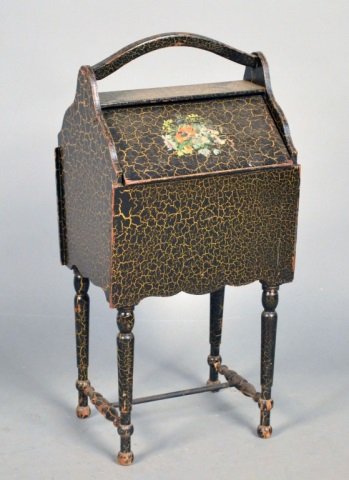 Painted Sewing Box: Polychrome floral decoration. Height 27 inches, width 12 inches, depth 11 inches.