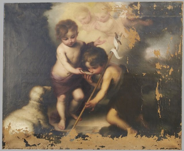 In the Manner of Raphael (Italian, 1483-1520): Two Putti with a Lamb. Oil on canvas. Canvas size 40 1/2 x 49 1/4 inches. Unframed.