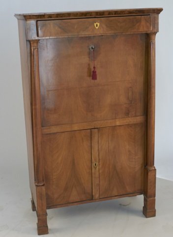 Neoclassical Style Birch Secretaire a Abattant: Late 19th century, rectangular top over a long drawer, above a fall front opening to a fitted interior and a two door cabinet, block feet. Height 58 1/2 inches, width 36 inches, depth 18 inches.