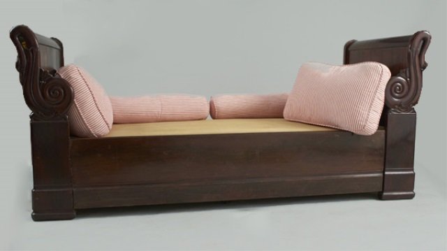 Classical Style Mahogany Daybed: Late 19th - early 20th century, swan neck carved side panels. Height 34 inches, length 6 feet 6 inches, depth 32 inches.