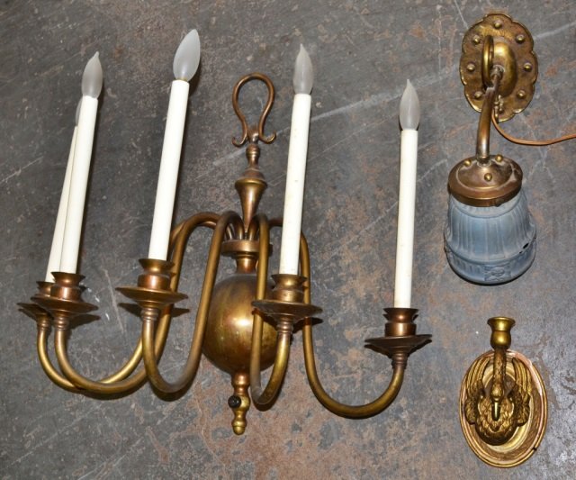 Group of Three Sconces: Comprising a brass five light sconce with scrolled arms, a swan form single light sconce, and a single light sconce with a frosted blue glass shade. Five light sconce height 20 1/2 inches, width 22 in