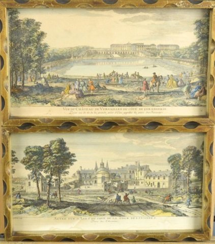 After Jacques Rigaud (French, 1681-1754): Pair of hand colored engravings, (1) Vue du château de Versailles du côté de l'Orangerie, prise au delà de la grande pièce d'eau des Suisses. Hand colored etching. Attributed in plate (l.l.), tit