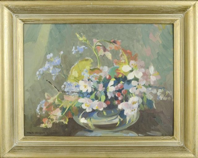 Nina Mason Booth (American, 1884-1957): Apple Blossoms and Forget-me-nots. Oil on canvas board, 1950. Signed (l.l.), dated and titled (verso). Board size 12 x 16 inches. Framed.