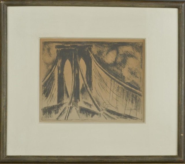 Max Weber (American, 1881-1961): Brooklyn Bridge. Lithograph. Signed in plate (l.r.). Sight size 6 5/8 x 8 1/2 inches. Matted and framed.