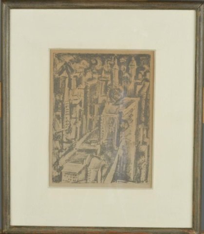Max Weber (American, 1881-1961): New York Skyscrapers. Lithograph. Signed in plate (l.l.). Sight size 9 x 6 3/4 inches. Matted and framed.