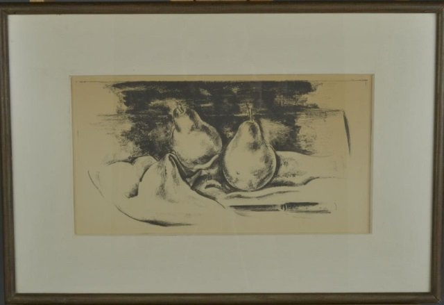 Max Weber (American, 1881-1961): Two Pears. Lithograph. Signed in pencil (l.r.). Sight size 8 1/4 x 15 3/4 inches. Matted and framed.